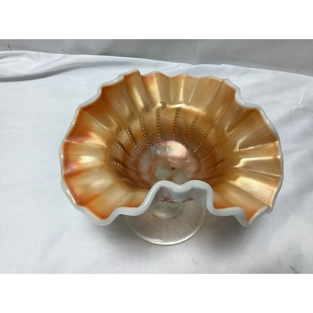 Dugan Beaded Panels Peach Opalescent Open Stemmed Carnival Glass Compote ca 1915